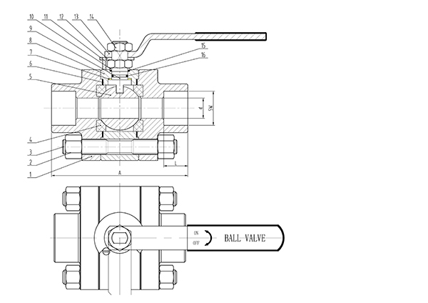 三片式SW鍛鋼球閥結構圖